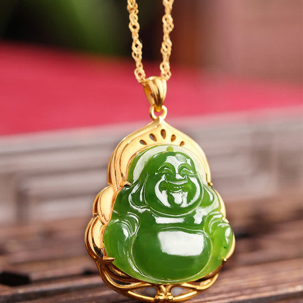 Buddha Stones 925 Sterling Silver Natural Hetian Cyan Jade Laughing Buddha 18K Gold Healing Necklace Chain Pendant Necklaces & Pendants BS 4