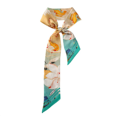 Buddha Stones Dunhuang Frescoes Mountains Sunset Floral Pattern 100% Mulberry Twilly Silk Neck Hair Scarf