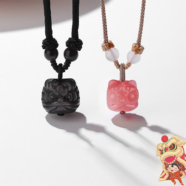 Buddha Stones Natural Silver Sheen Obsidian Red Agate Dancing Lion Protection Necklace Pendant Necklaces & Pendants BS 8
