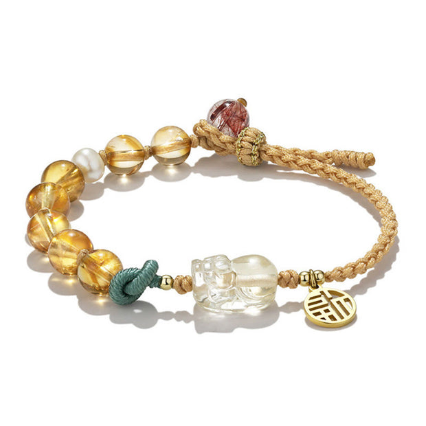 Buddha Stones Citrine PiXiu Fu Character Prosperity String Braided Bracelet