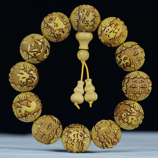 Buddha Stones Chinese Zodiac Rosewood Ebony Boxwood Copper Coin PiXiu Carved Warmth Bracelet Bracelet BS Boxwood 12 Zodiac