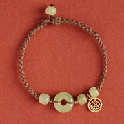 Buddha Stones Round Peace Buckle Jade Lotus Happiness Abundance Wealth String Bracelet Bracelet BS Happiness-Brown(Wrist Circumference 14-18cm)