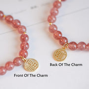 Buddha Stones 14K Gold Plated Strawberry Quartz Fu Character Healing Charm Bracelet