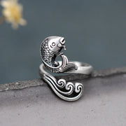 Buddha Stones 925 Sterling Silver Koi Fish Water Ripple Luck Wealth Ring Ring BS 4