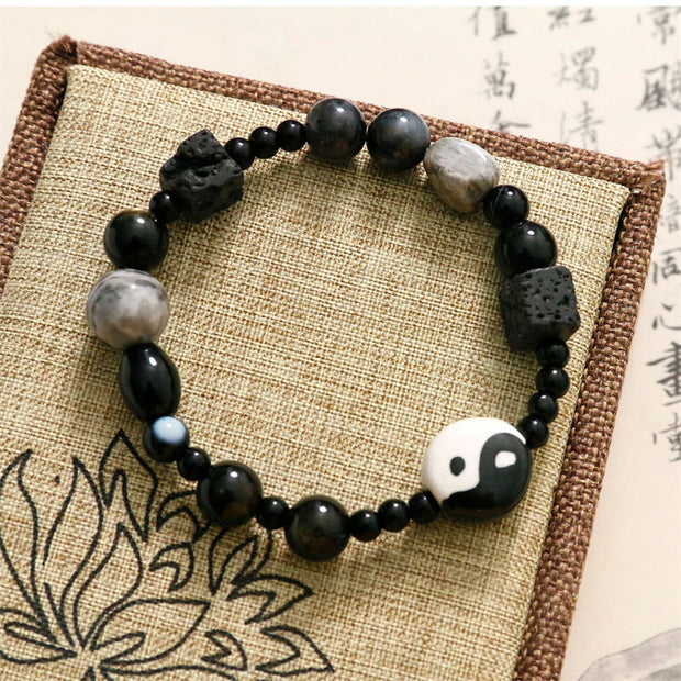 Buddha Stones Black Onyx Picasso Jasper Bead Yin Yang Fortune Protection Bracelet Bracelet BS 5
