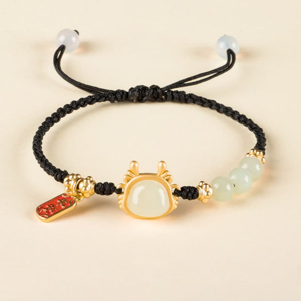 Buddha Stones Year of the Dragon Hetian White Jade Fu Character Peace And Joy Protection Bracelet Bracelet BS Black Rope(Wrist Circumference 14-19cm)