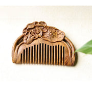 Buddha Stones Natural Green Sandalwood Lotus Flower Leaf Engraved Soothing Comb Comb BS 14
