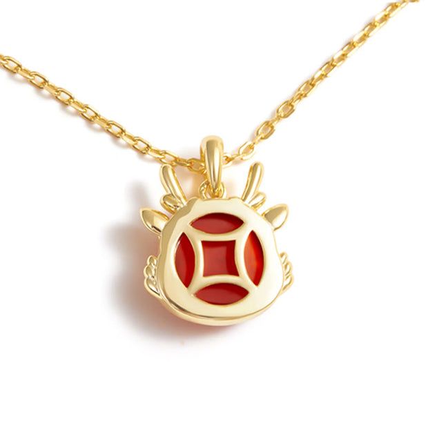 Buddha Stones 925 Sterling Silver Plated 18K Gold Year of the Dragon Natural Red Agate Fu Character Gourd Copper Coin Success Bracelet Necklace Pendant