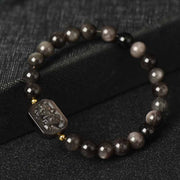 Buddha Stones Silver Sheen Obsidian Lotus Flower Nine Tailed Fox Laughing Buddha Protection Bracelet Bracelet BS 7