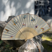 Buddha Stones Butterfly Flowers Nine-Tailed Fox Crane Embroidery Handheld Silk Bamboo Folding Fan
