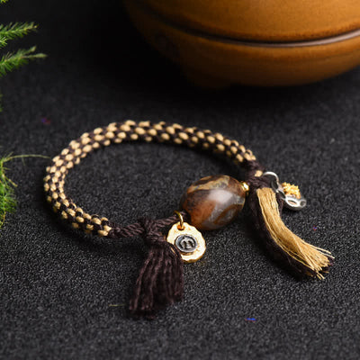 Buddha Stones Tibetan Handmade Dzi Bead Thangka Wealth Braid String Bracelet