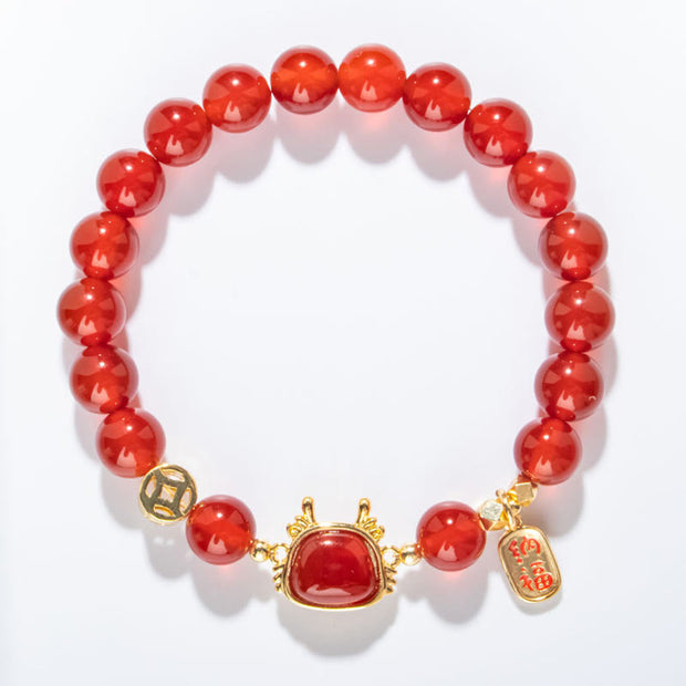 Buddha Stones Year Of The Dragon Natural Red Agate Black Onyx Luck Fu Character Bracelet Bracelet BS Red Agate Copper Coin(Wrist Circumference 14-16cm)