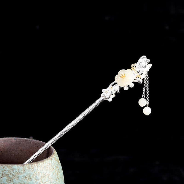 Buddha Stones 925 Sterling Silver Hetian White Jade Flower Blessing Hairpin Decorations BS 17