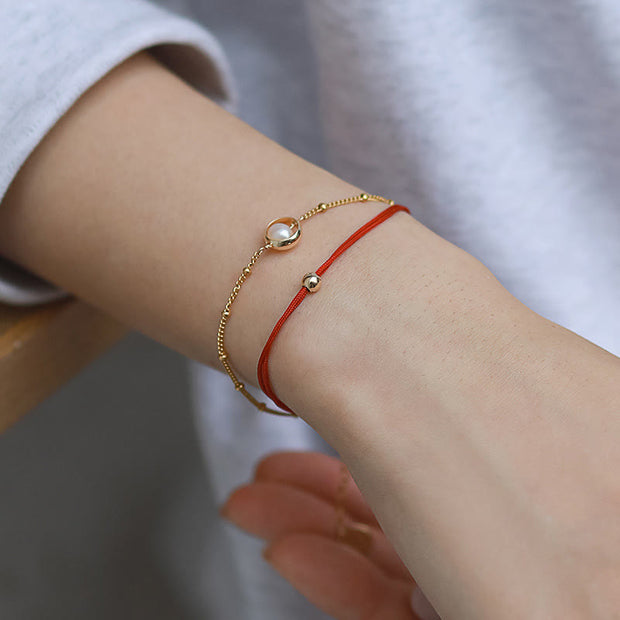 Buddha Stones 14K Gold Plated Pearl Bead Luck Red String Double Layer Bracelet
