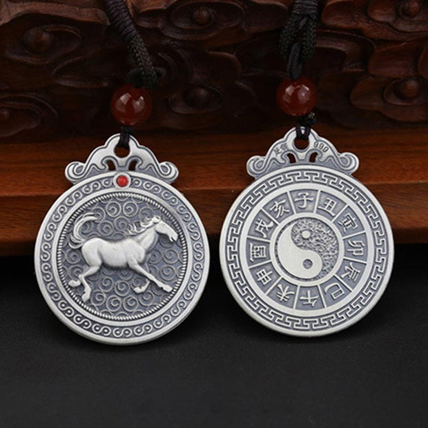 Buddha Stones 999 Sterling Silver Chinese Zodiac Yin Yang Balance Necklace Pendant Necklaces & Pendants BS Horse