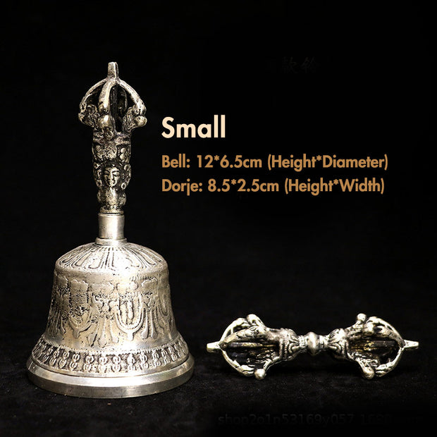 Buddha Stones Tibetan Meditation Bell and Vajra Dorje Copper Decoration Set Buddhist Supplies BS Silver Small