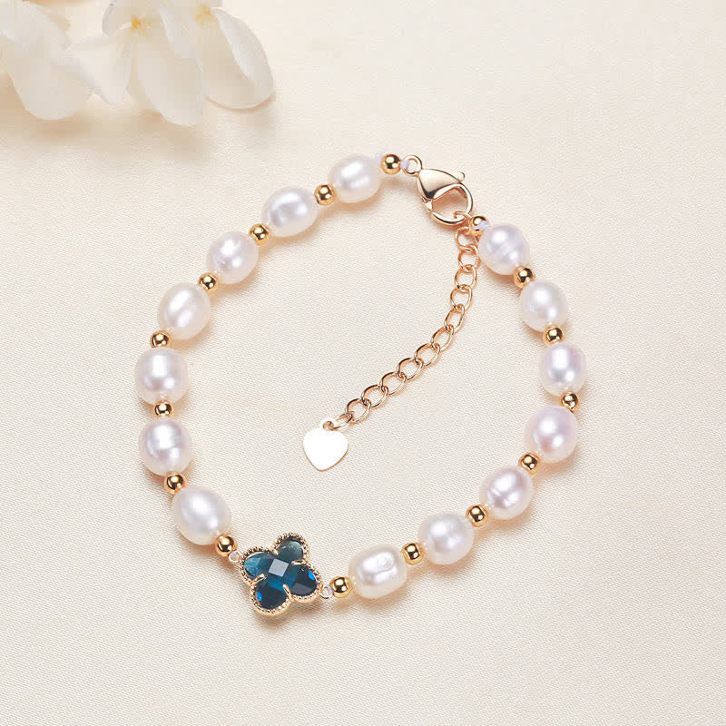 Four leaf clover mother of pearl bracelet with sunstone gems and 2024 gold beads