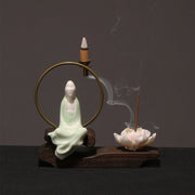 Buddha Stones Ceramic Lotus Healing Meditation Incense Burner Decoration Decorations Incense Burner BS Cyan Avalokitesvara