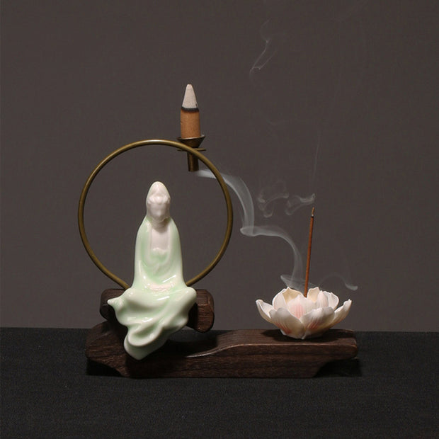 Buddha Stones Ceramic Lotus Healing Meditation Incense Burner Decoration