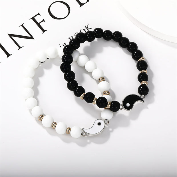 Buddha Stones 2Pcs Black Onyx White Turquoise Bead Yin Yang Protection Couple Bracelet Bracelet BS Small Bead Yin Yang