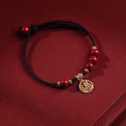 Buddha Stones Cinnabar Bead Fu Character Charm Blessing Braided String Bracelet