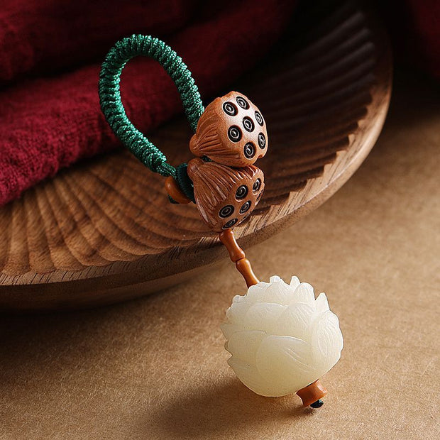 Buddha Stones Lotus Natural White Bodhi Seed Peach Wood Luck Keychain Decoration Decoration BS 1