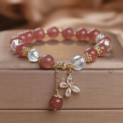 Buddha Stones Natural Strawberry Quartz Love Healing Butterfly Charm Bracelet