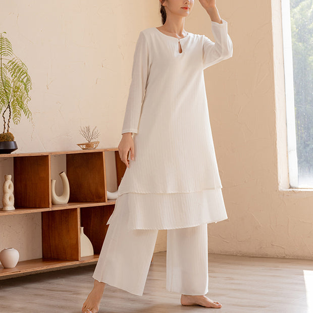 Buddha Stones 2Pcs Simple Design Tai Chi Meditation Yoga Clothing Top Pants Women's Set Clothes BS White(Top&Pants) XXL