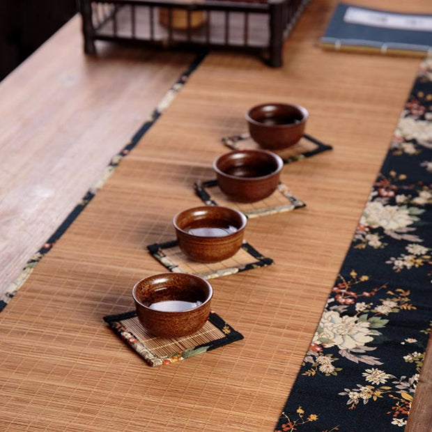 Buddha Stones Vintage Peony Flower Blossom Bamboo Cup Mat Pad Tea Cup Coaster Kung Fu Tea Mat