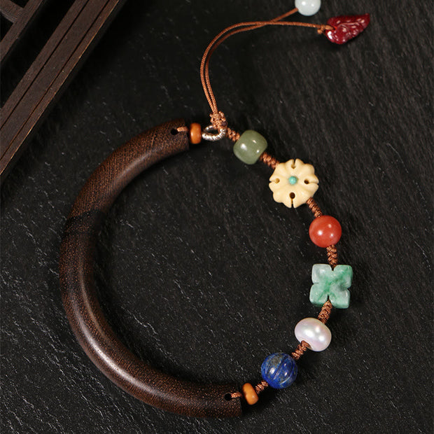 Buddha Stones Agarwood Lazurite Pearl Hetian Jade Crystal Luck Strength String Cuff Bracelet Bracelet BS 5