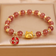 Buddha Stones Year of the Dragon Strawberry Quartz Copper Coin Attract Wealth Charm Bracelet Bracelet BS 2