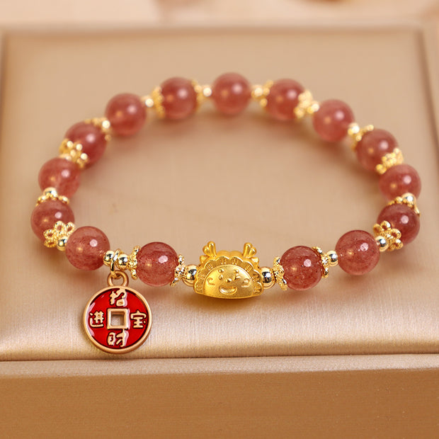Buddha Stones Year of the Dragon Strawberry Quartz Copper Coin Attract Wealth Charm Bracelet
