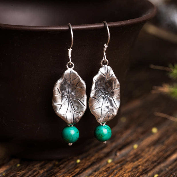 Buddha Stones 925 Sterling Silver Turquoise Lotus Leaf Protection Drop Dangle Earrings Earrings BS Turquoise&925 Sterling Silver