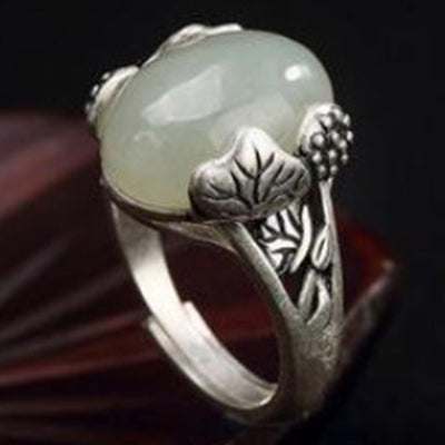 Buddha Stones Jade Lotus Leaf Copper Abundance Luck Adjustable Ring Ring BS Jade