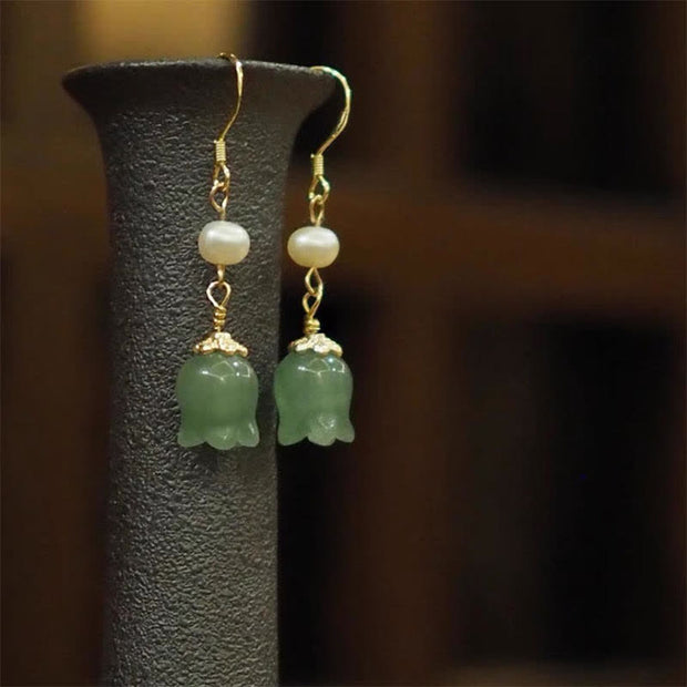 Buddha Stones Lily of The Valley Natural Green Aventurine 14K Gold Plated Luck Pearl Drop Dangle Floral Earrings Earrings BS 7