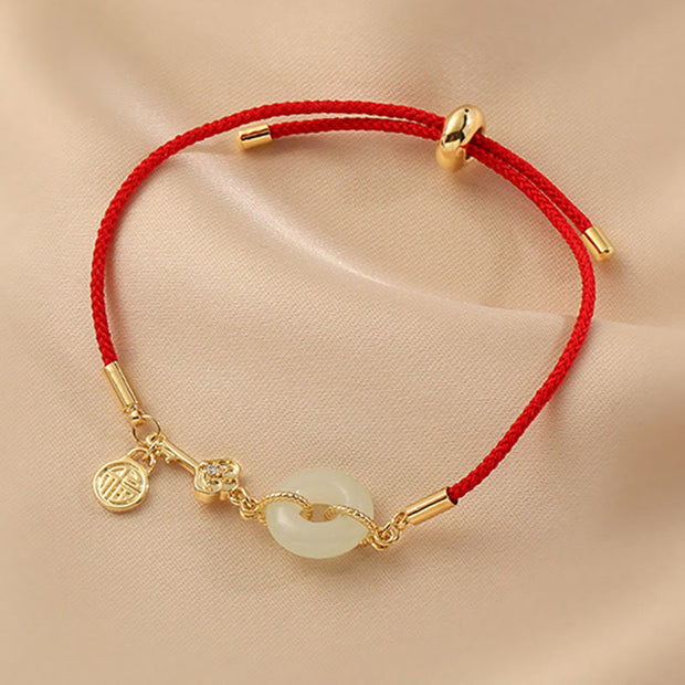 Buddha Stones 18K Gold Plated Hetian Jade Peace Buckle Fu Character Luck Red Rope Bracelet Bracelet BS 5