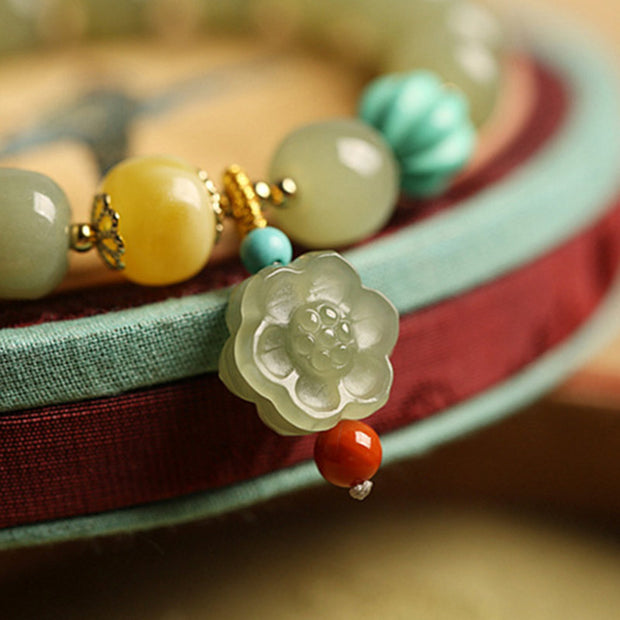 Buddha Stones Jade Amber Lotus Bead Luck Bracelet Bracelet BS 14