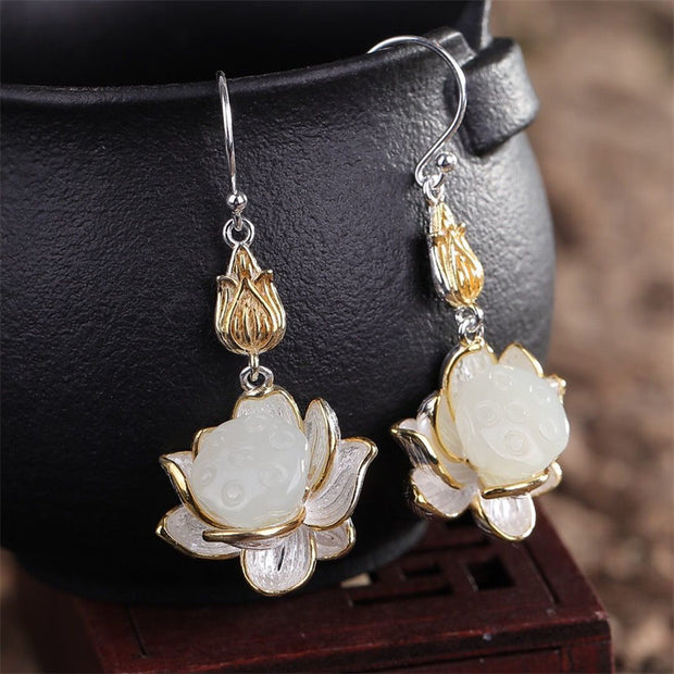 Buddha Stones White Jade Protection Harmony Drop Earrings Earrings BS 1