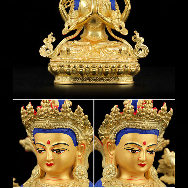 Buddha Stones Chenrezig Four-armed Avalokitesvara Protection Copper Gold Plated Statue Decoration Decorations BS 12