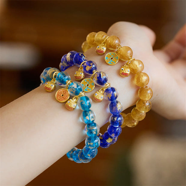Buddha Stones Gold Swallowing Beast Copper Coin Good Luck Charm Liuli Glass Bead Fortune Bracelet