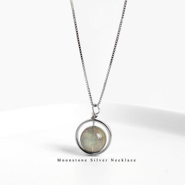 Buddhastoneshop 925 Sterling Silver Moonstone Love Planet Rotatable Pattern Necklace Pendant