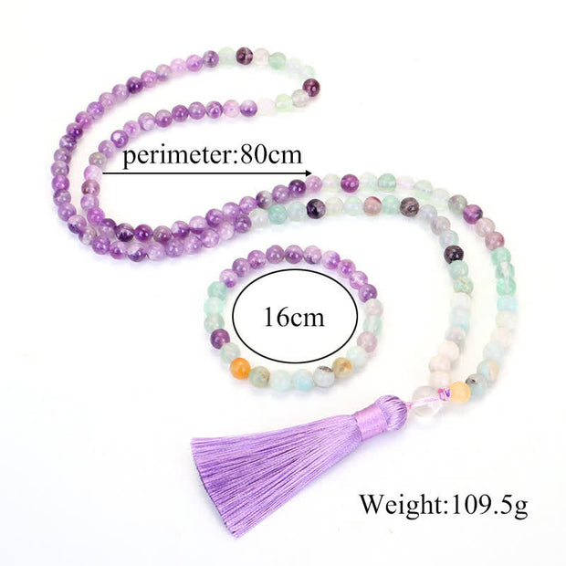 108 Mala Beads Amethyst Fluorite Amazonite Spiritual Positive Tassel Bracelet Mala Bracelet BS 8