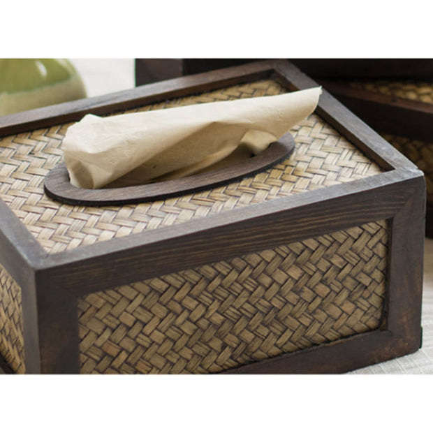 Buddha Stones Handmade Bamboo Woven Wood Tissue Box Wooden Tissue Holder Wipes Boxes Decoration