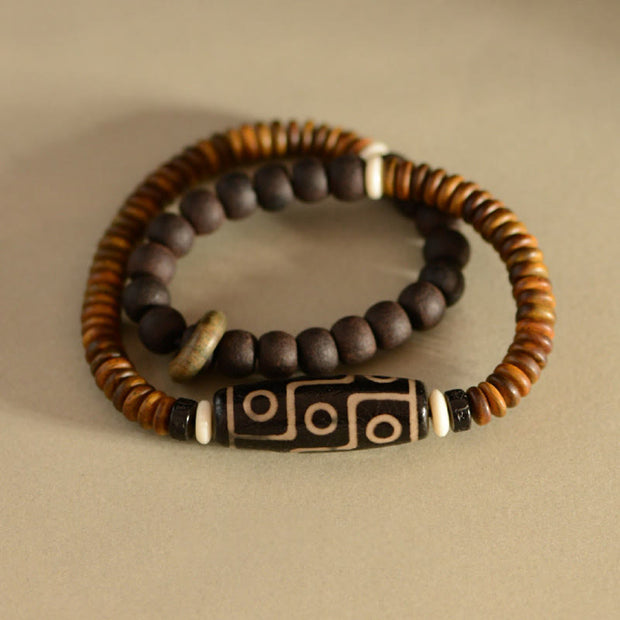 Buddha Stones Tibetan Nine-Eye Dzi Bead Green Sandalwood Ebony Wood Peace Double Wrap Bracelet