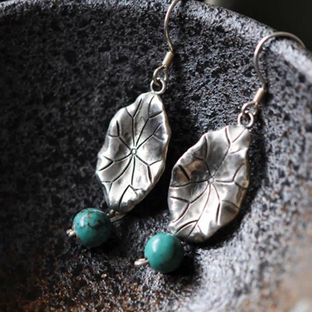 Buddha Stones 925 Sterling Silver Turquoise Lotus Leaf Protection Drop Dangle Earrings Earrings BS 5