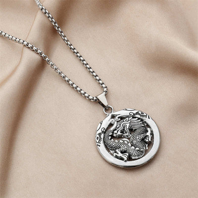 Buddha Stones Round Dragon Pattern Titanium Steel Protection Necklace Pendant Necklaces & Pendants BS DRAGON (Luck ♥ Strength)