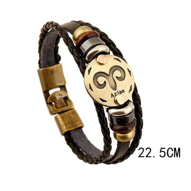 12 Constellations of the Zodiac Hematite Leather Charm Bracelet (Extra 30% Off | USE CODE: FS30) Bracelet BS Aries22.5cm