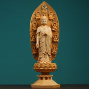 Buddha Stones Handcrafted Kwan Yin Avalokitesvara Tathagata Mahasthamaprapta Bodhisattva Statue Boxwood Abundance Decoration