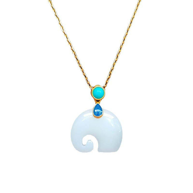Buddha Stones White Jade Elephant Luck Fortune Necklace Pendant Necklaces & Pendants BS 7