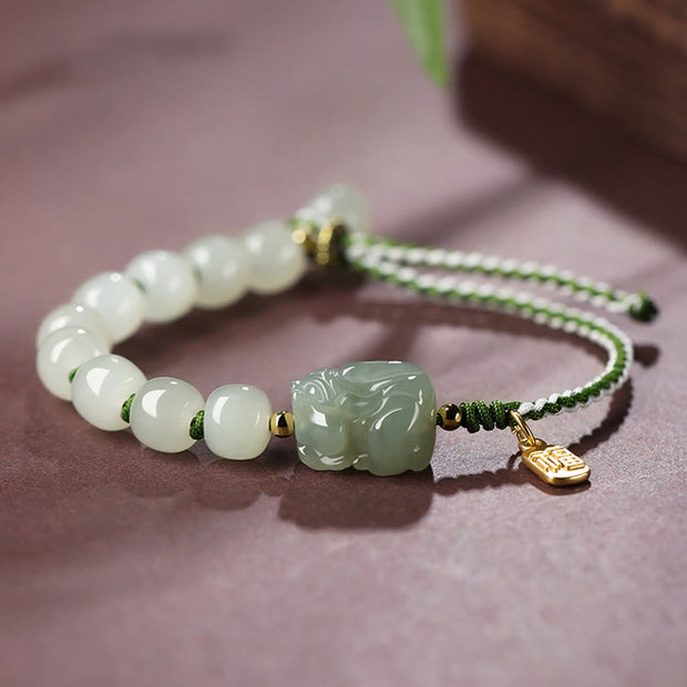 Buddha Stones Natural Hetian Jade PiXiu Luck Fu Character String Bracelet Bracelet BS Hetian Jade(Prosperity♥Abundance)